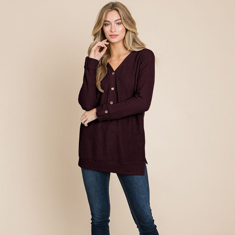 Waffle Brushed V Neck Knit Henley Sweater Tops