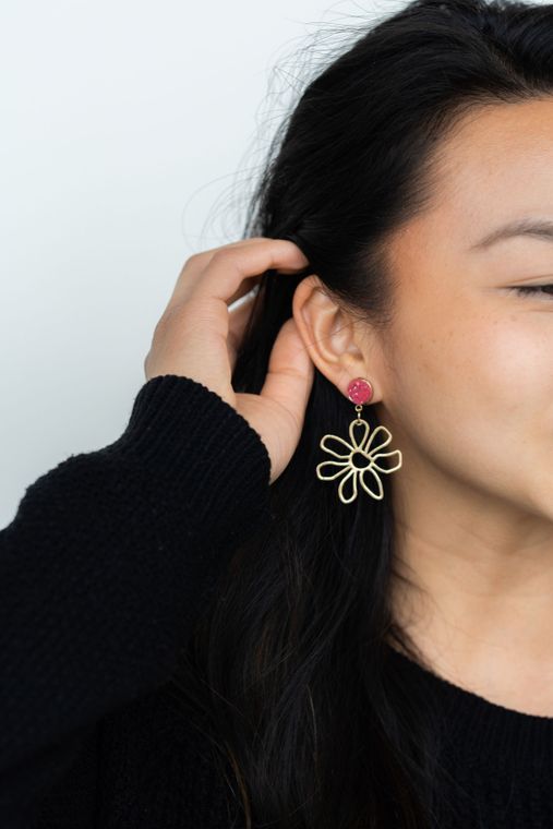 Brass Daisy Earrings- Raspberry / Pink Spring Flower Earring