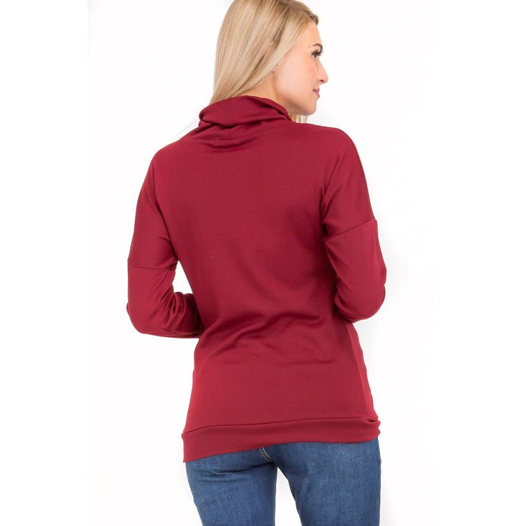 Casual Cowl Neck Button Dolman Sweater - Burgundy