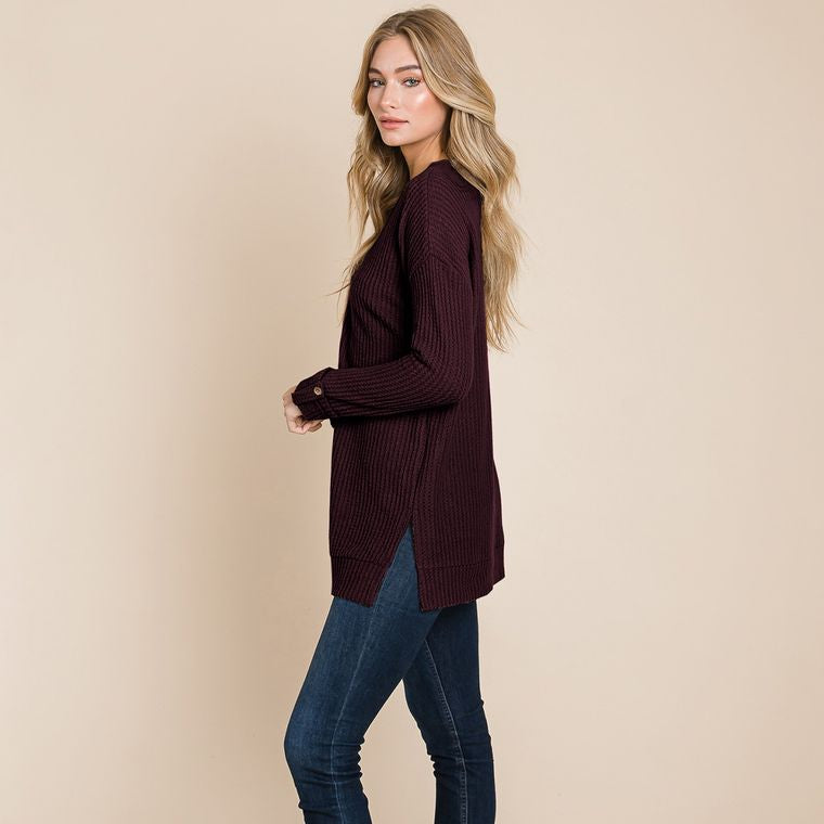 Waffle Brushed V Neck Knit Henley Sweater Tops