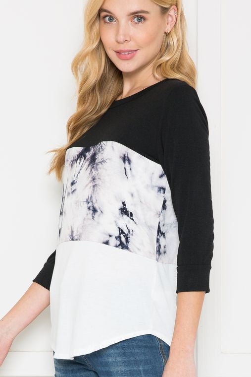 Solid Tie-Dye Color Block Top - 3/4 Sleeve