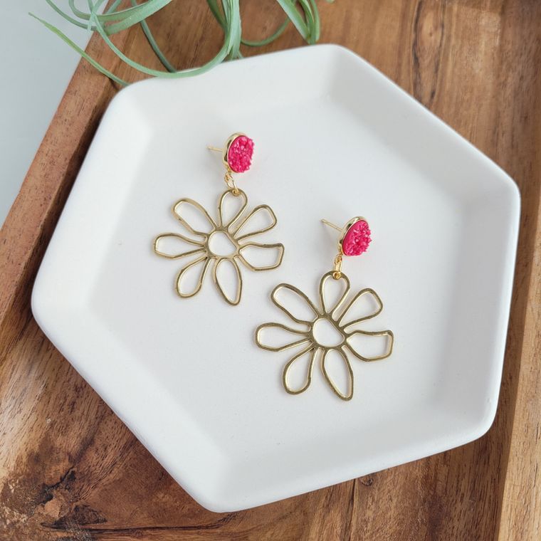 Brass Daisy Earrings- Raspberry / Pink Spring Flower Earring