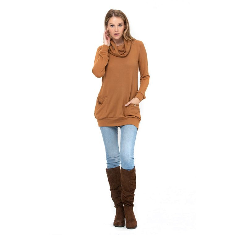 Long Sleeve Cowl Neck Tunic Top with Pockets -Camel