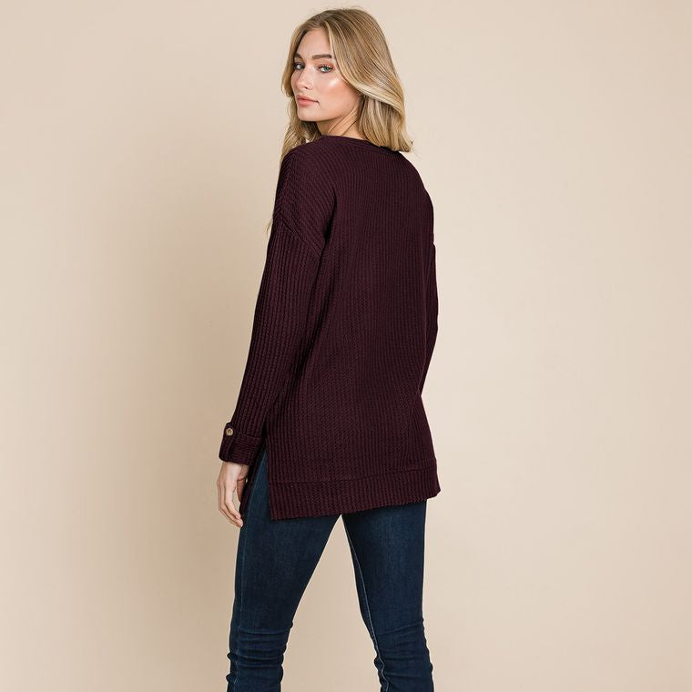 Waffle Brushed V Neck Knit Henley Sweater Tops