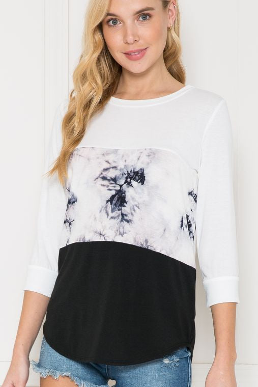 Solid Tie-Dye Color Block Top - 3/4 Sleeve