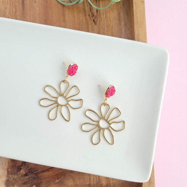 Brass Daisy Earrings- Raspberry / Pink Spring Flower Earring