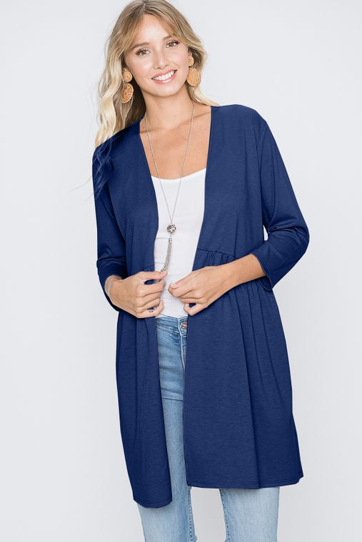 SOLID OPEN CARDIGAN WITH RUFFLED - NAVY