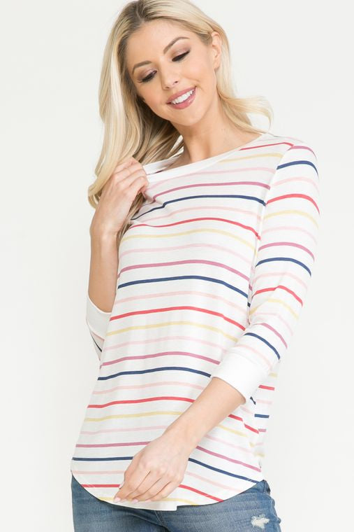 Ivory Striped 3/4 Sleeve Top