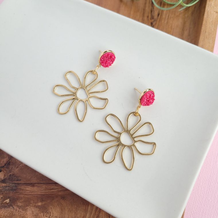 Brass Daisy Earrings- Raspberry / Pink Spring Flower Earring