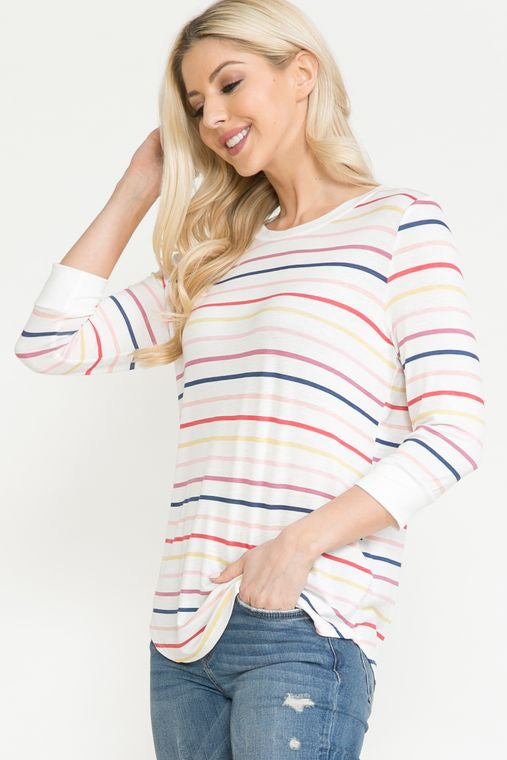 Ivory Striped 3/4 Sleeve Top
