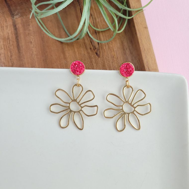 Brass Daisy Earrings- Raspberry / Pink Spring Flower Earring