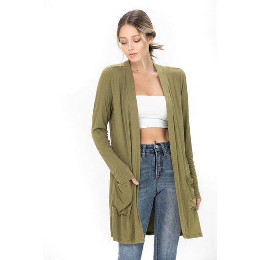 Lightweight Drape Cardigan with Pockets - Olive