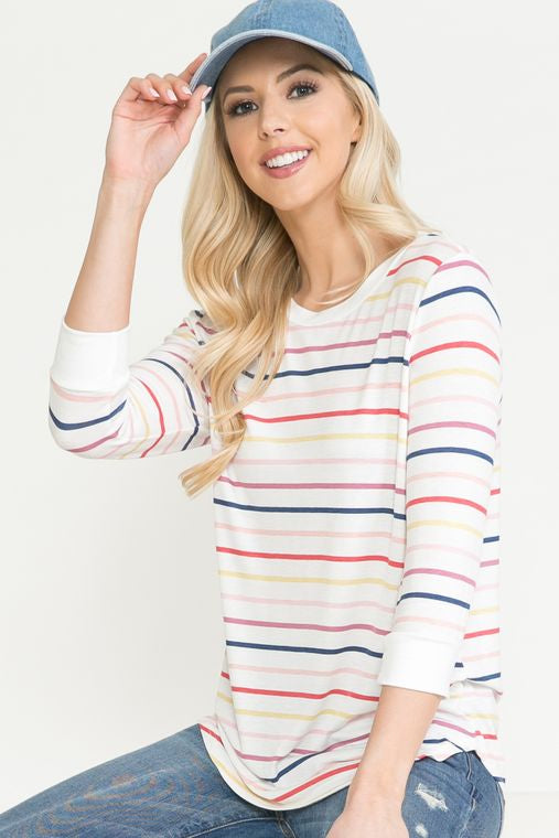 Ivory Striped 3/4 Sleeve Top