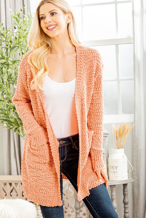 SOLID OPEN SWEATER CARDIGAN - CORAL