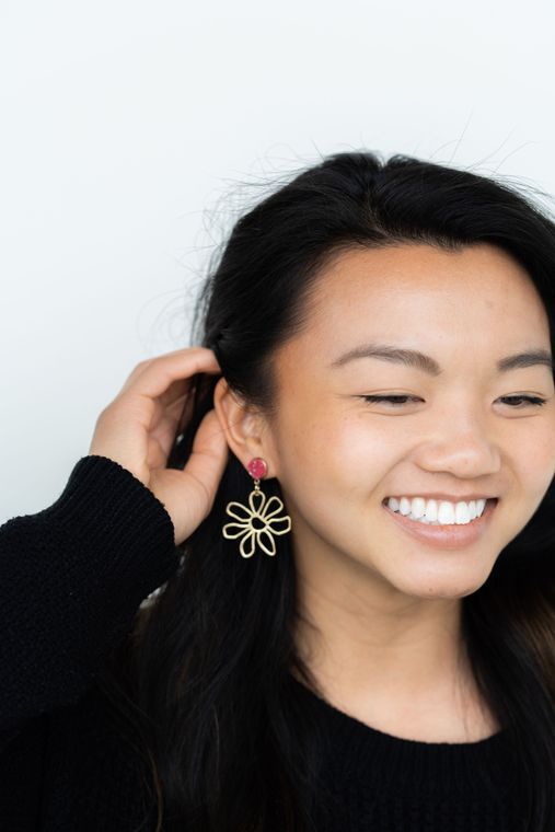 Brass Daisy Earrings- Raspberry / Pink Spring Flower Earring